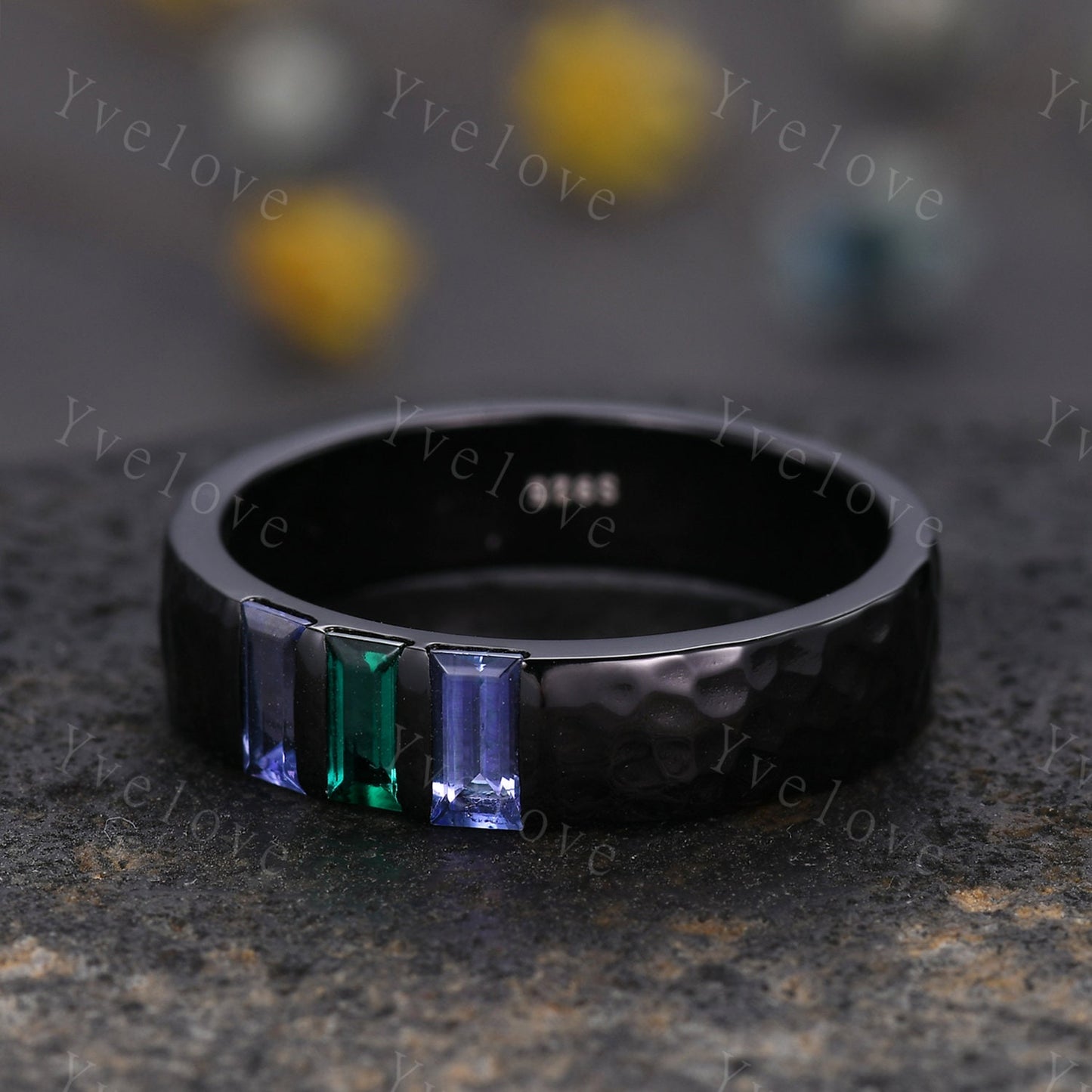 Mens Emerald Tanzanite Wedding Band Baguette Cut Gems Band 5mm Black Band Ring Mens Hammered Stacking Matching Band Retro Vintage Ring Gift
