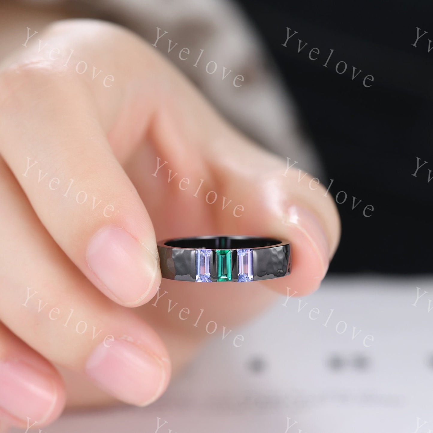 Mens Emerald Tanzanite Wedding Band Baguette Cut Gems Band 5mm Black Band Ring Mens Hammered Stacking Matching Band Retro Vintage Ring Gift
