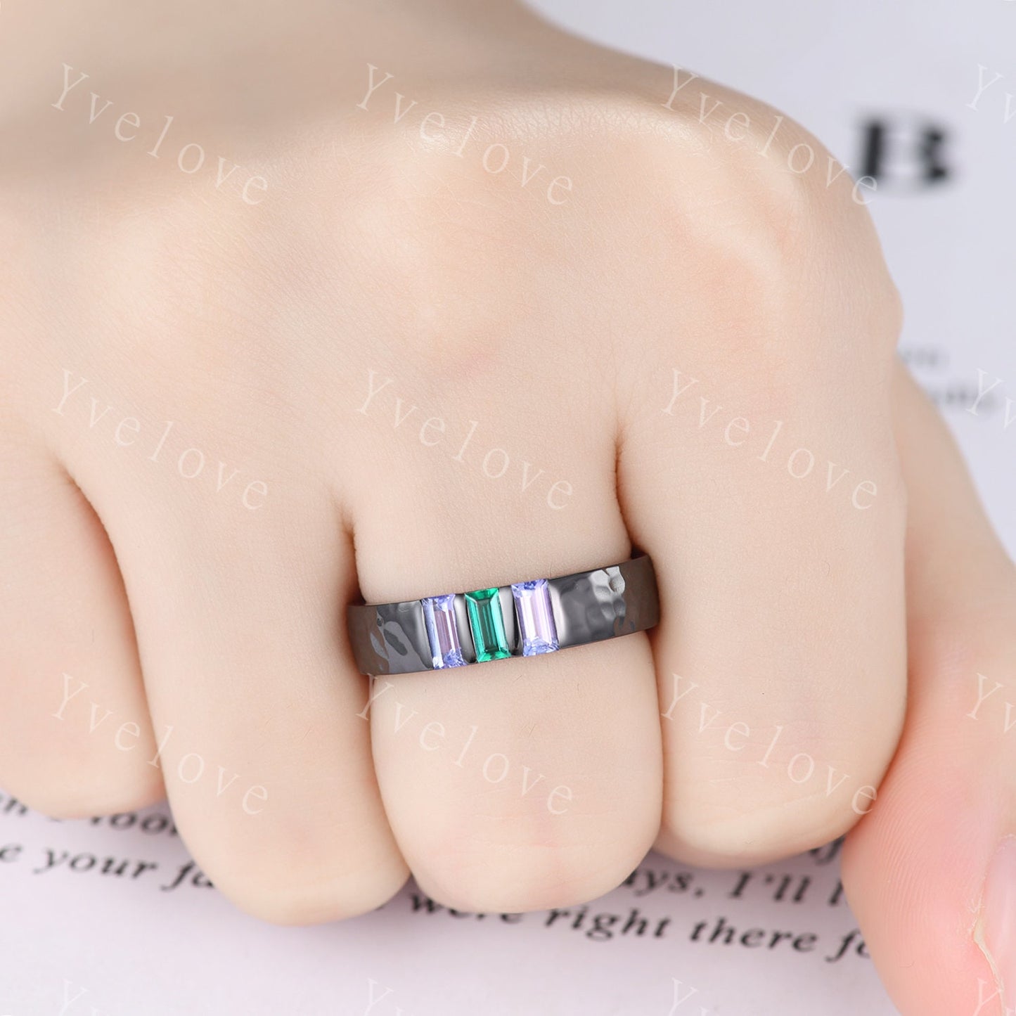 Mens Emerald Tanzanite Wedding Band Baguette Cut Gems Band 5mm Black Band Ring Mens Hammered Stacking Matching Band Retro Vintage Ring Gift
