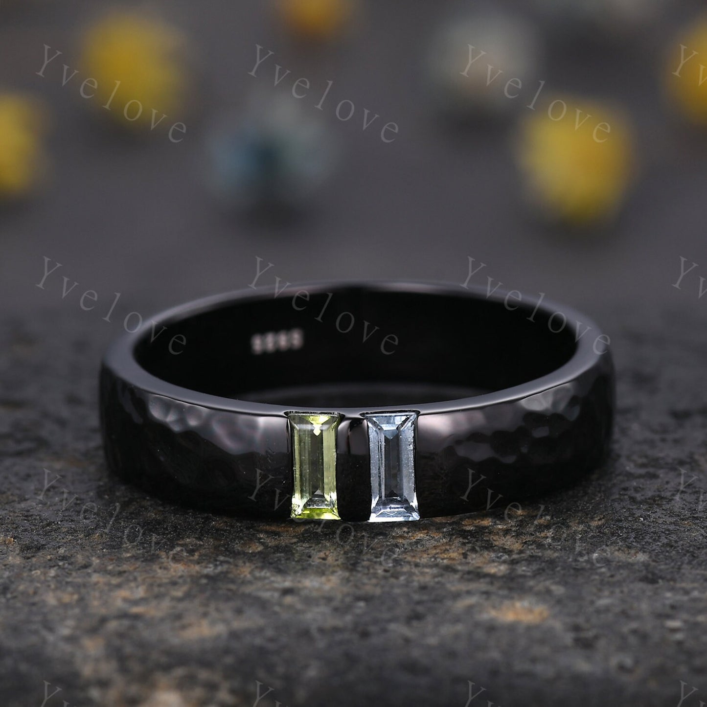 Mens Peridot Aquamarine Wedding Band Baguette Cut Gems Band 5mm Black Band Ring Mens Hammered Stacking Matching Band Retro Vintage Ring Gift