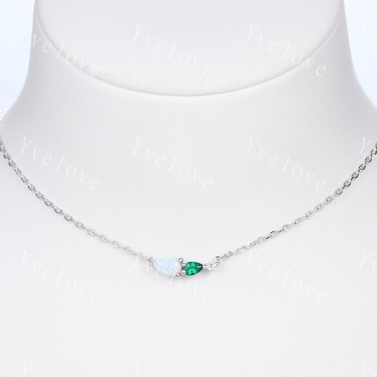Unique Opal Emerald Necklace,Pear Cut Gems,Art Deco Moissanite Diamond Delicate Dainty Necklace,3 Stone Unique Women Bridal Gift,White Gold
