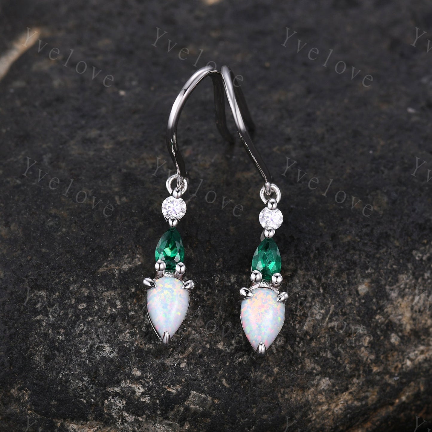 Unique Opal Emerald Earrings,Pear Cut Gems,Art Deco Moissanite Diamond Delicate Dainty Earrings,3 Stone Minimalist Women Gift for Her