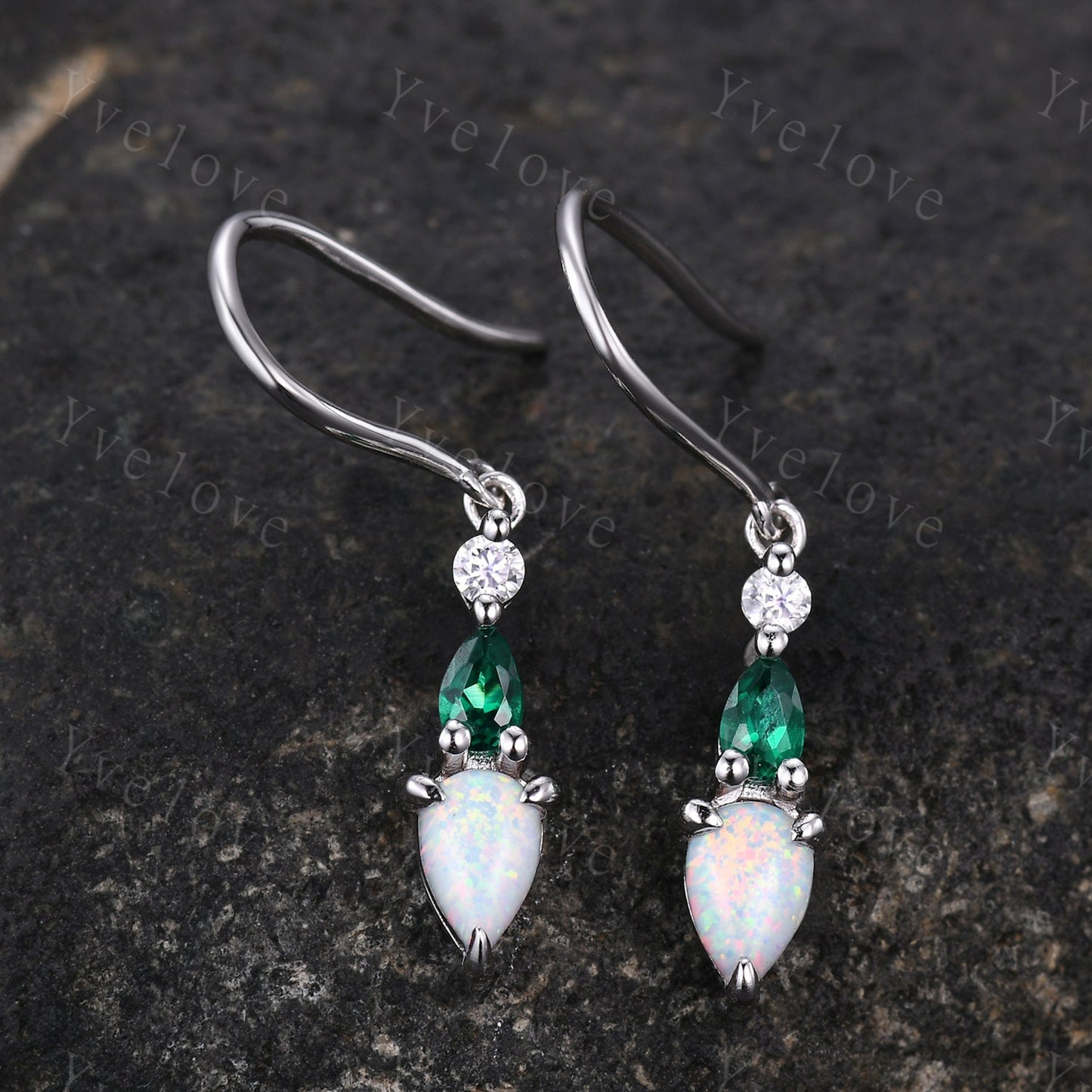 Unique Opal Emerald Earrings,Pear Cut Gems,Art Deco Moissanite Diamond Delicate Dainty Earrings,3 Stone Minimalist Women Gift for Her