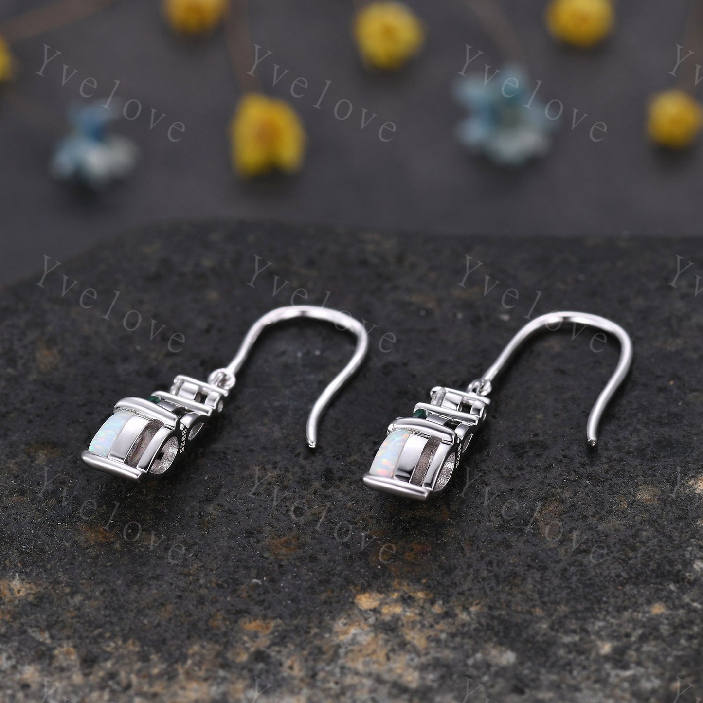 Unique Opal Emerald Earrings,Pear Cut Gems,Art Deco Moissanite Diamond Delicate Dainty Earrings,3 Stone Minimalist Women Gift for Her
