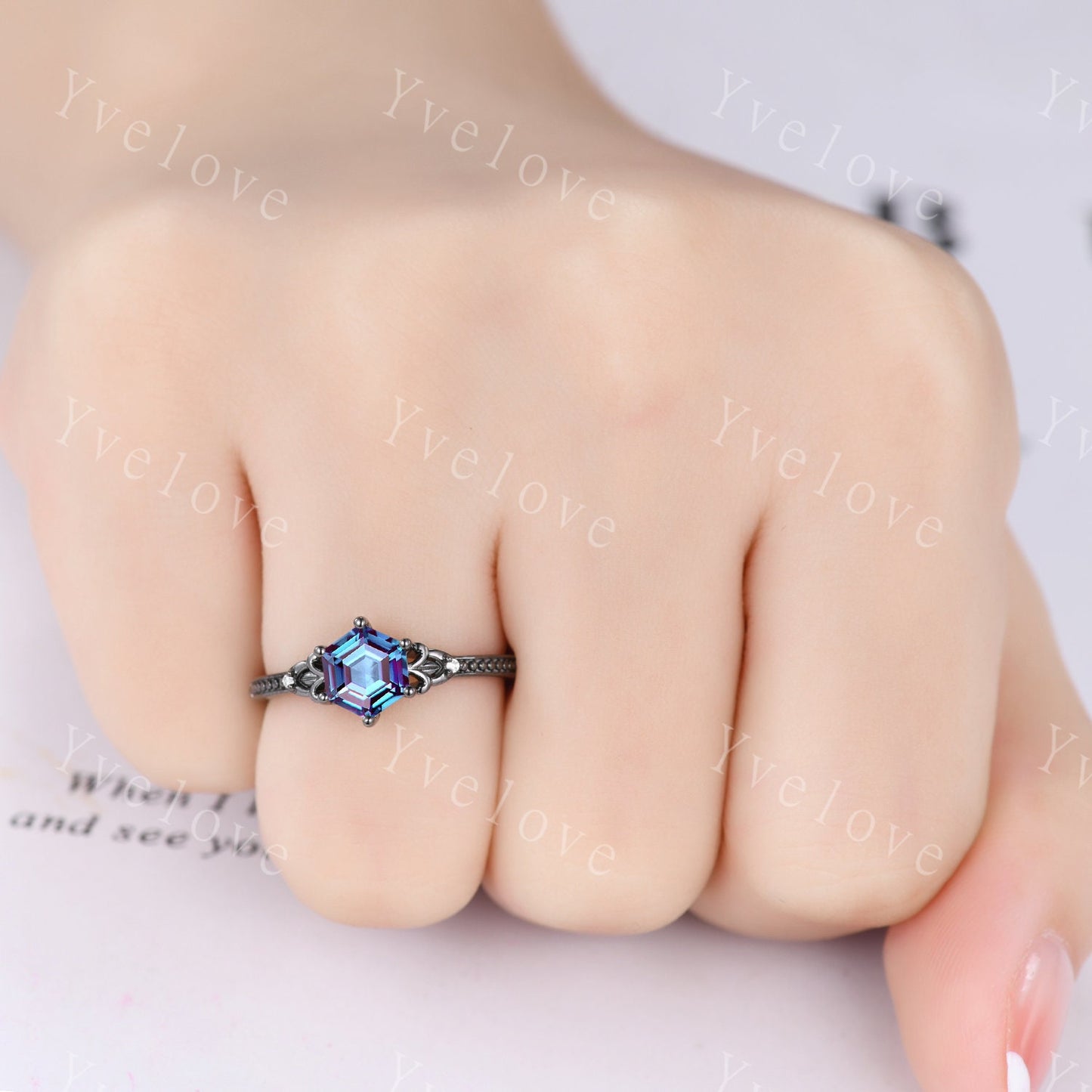 Hexagon Cut Alexandrite Engagement Ring Vintage Black Gold Ring Unique black wedding band,Diamond Ring Anniversary Gift,Celtic Gothic Ring