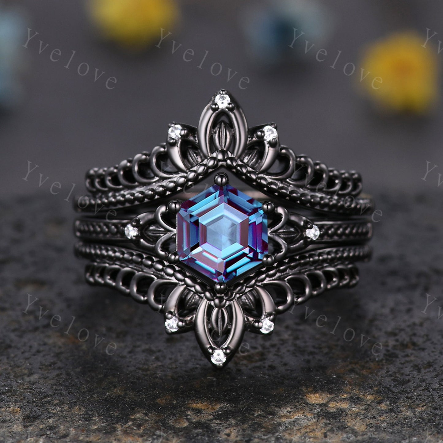 Hexagon Cut Alexandrite Engagement Ring Set Vintage Black Gold Ring Unique black wedding band,Diamond Wrap guard Band Celtic Gothic Ring