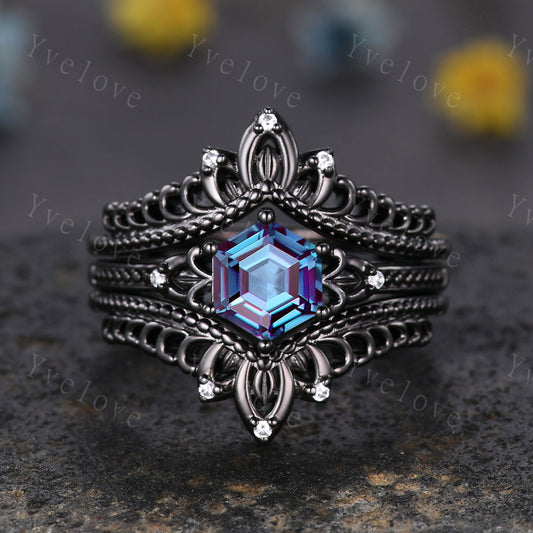 Hexagon Cut Alexandrite Engagement Ring Set Vintage Black Gold Ring Unique black wedding band,Diamond Wrap guard Band Celtic Gothic Ring