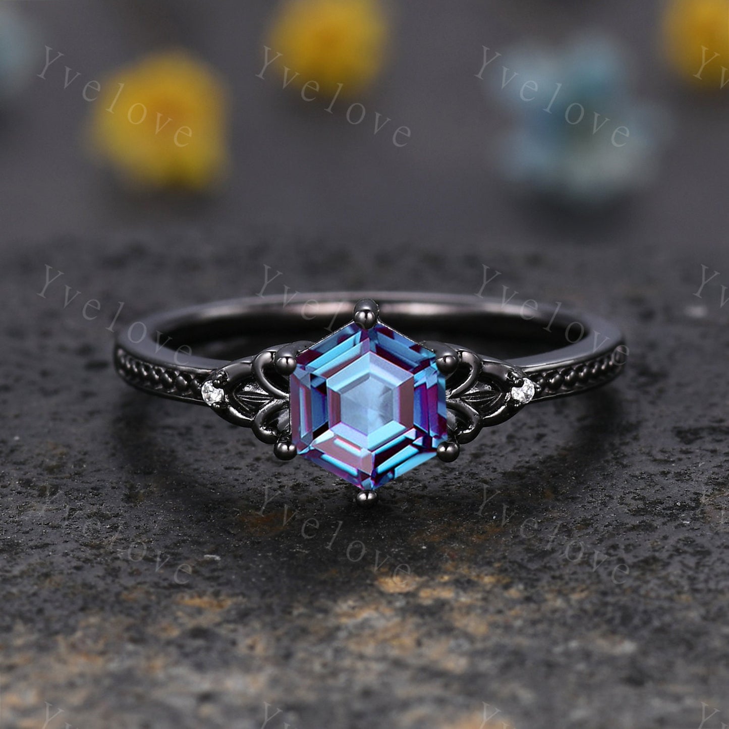 Hexagon Cut Alexandrite Engagement Ring Set Vintage Black Gold Ring Unique black wedding band,Diamond Wrap guard Band Celtic Gothic Ring