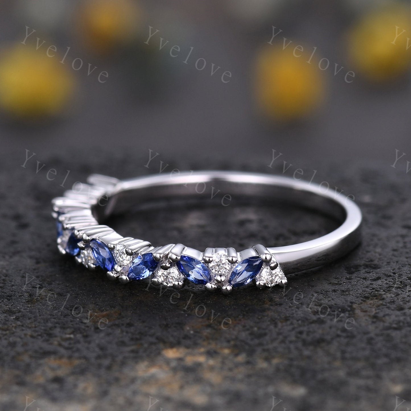 Marquise sapphire wedding band vintage sapphire ring white gold moissanite antique unique stacking band anniversary promise matching band