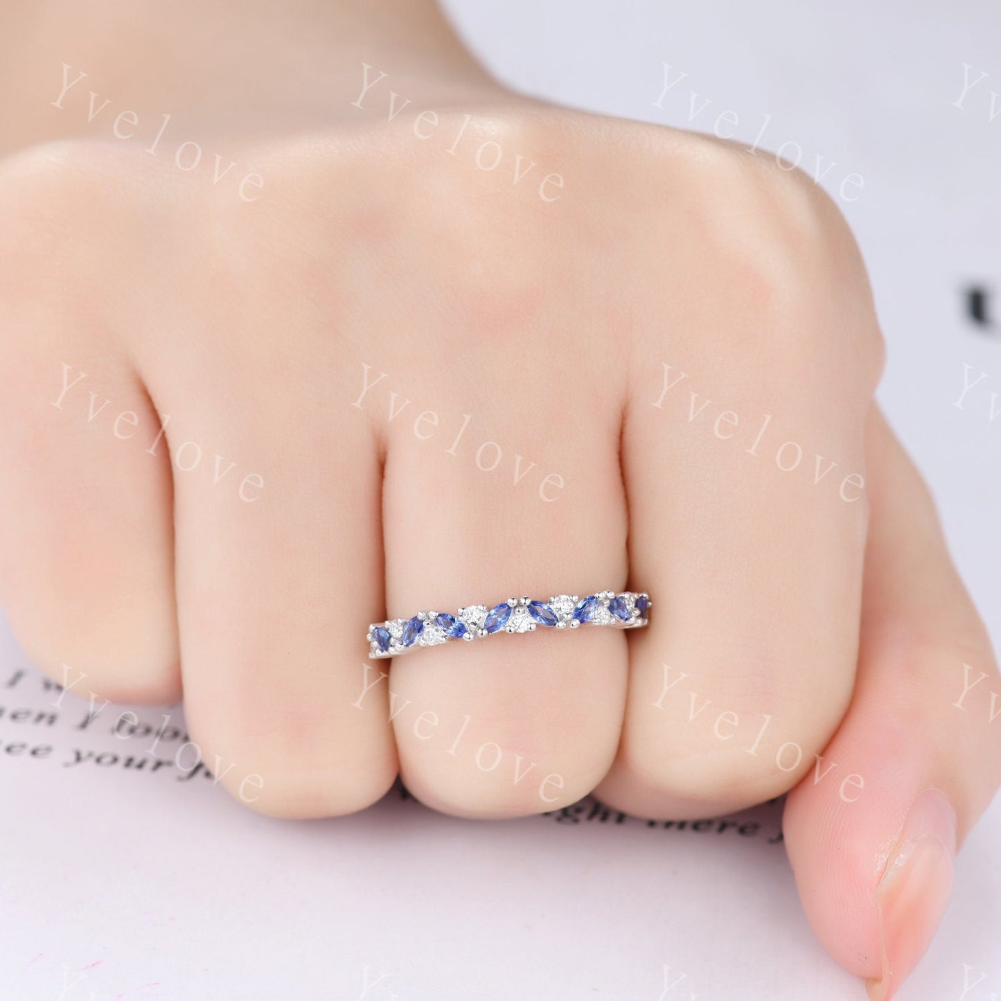Marquise sapphire wedding band vintage sapphire ring white gold moissanite antique unique stacking band anniversary promise matching band