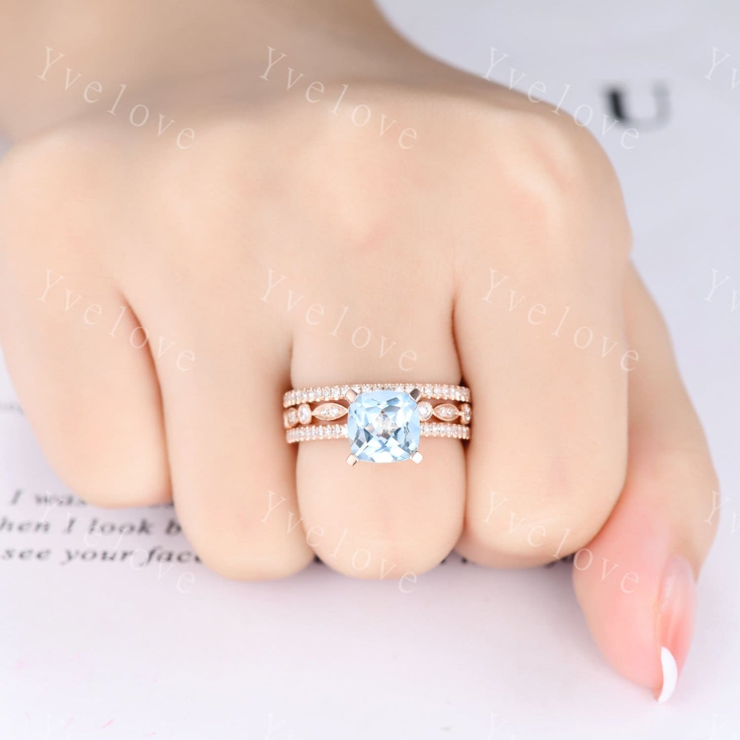 3pcs Aquamarine ring set natural aquamarine engagement ring set 8mm cushion stone diamond wedding band 14k solid gold wedding ring set gift