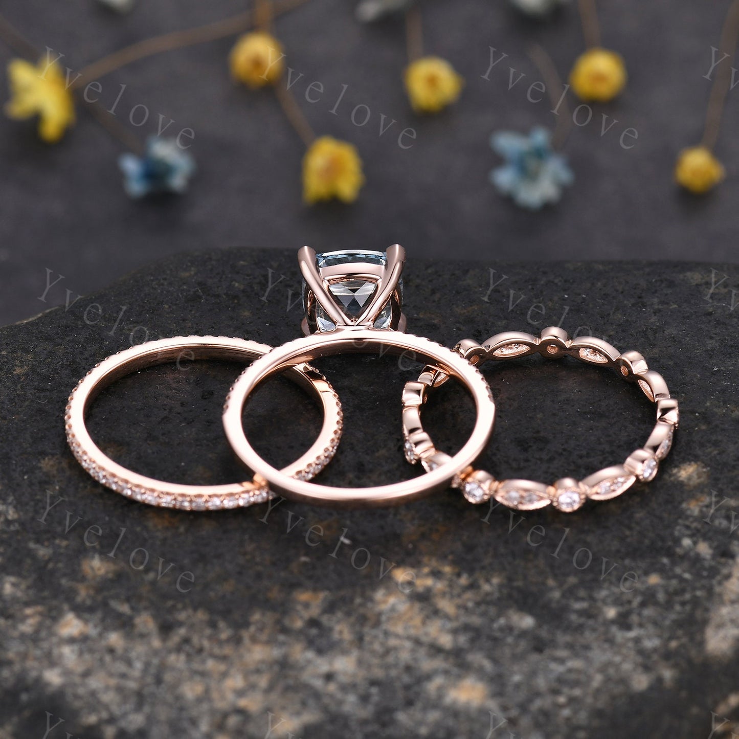 3pcs Aquamarine ring set natural aquamarine engagement ring set 8mm cushion stone diamond wedding band 14k solid gold wedding ring set gift