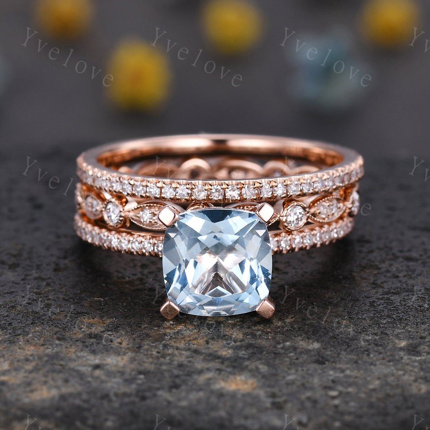 8mm blue aquamarine engagement ring,14k rose gold aquamarine ring diamond band,promise ring,March birthstone ring aquamarine jewelry gifts