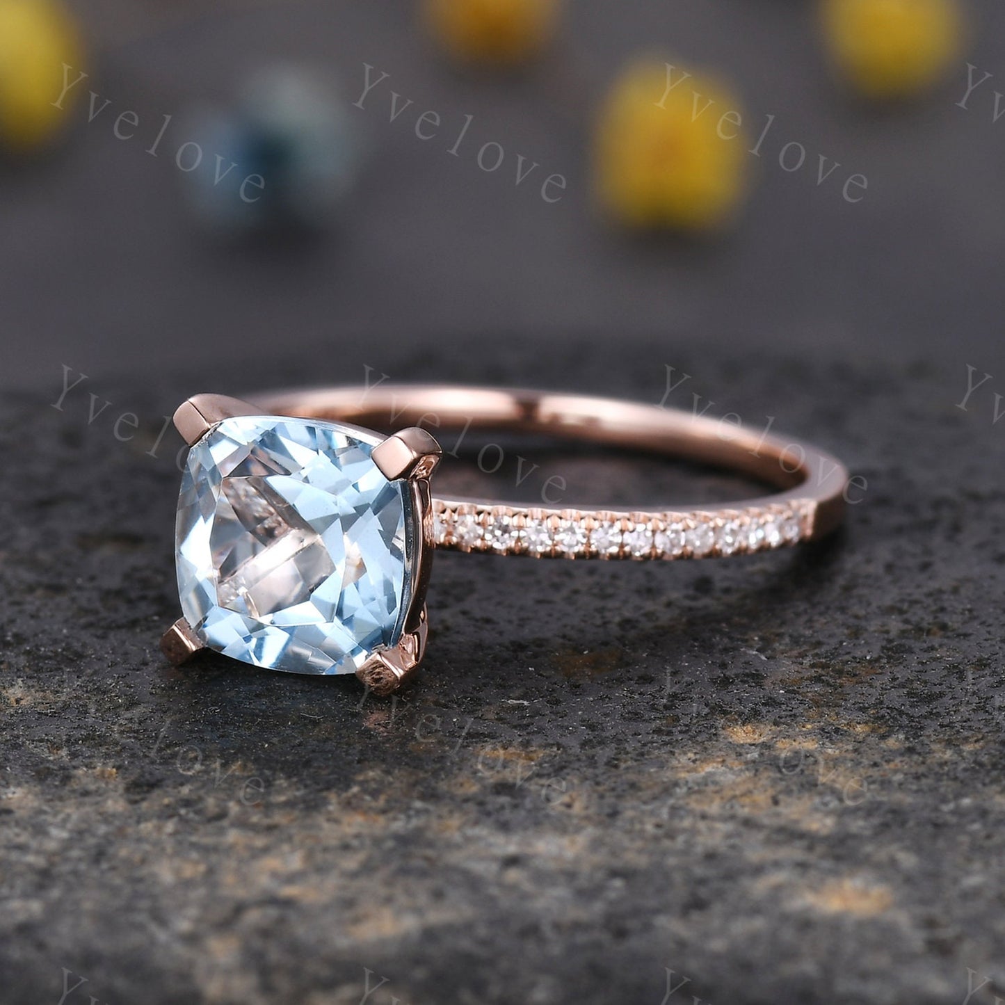 8mm blue aquamarine engagement ring,14k rose gold aquamarine ring diamond band,promise ring,March birthstone ring aquamarine jewelry gifts