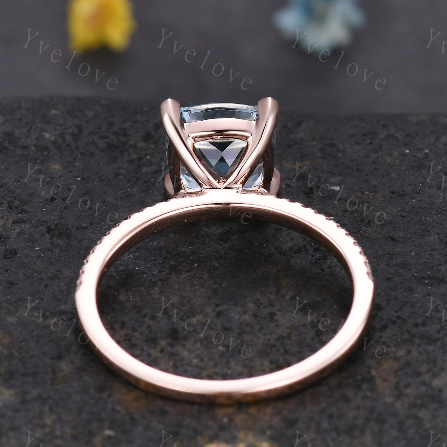8mm blue aquamarine engagement ring,14k rose gold aquamarine ring diamond band,promise ring,March birthstone ring aquamarine jewelry gifts