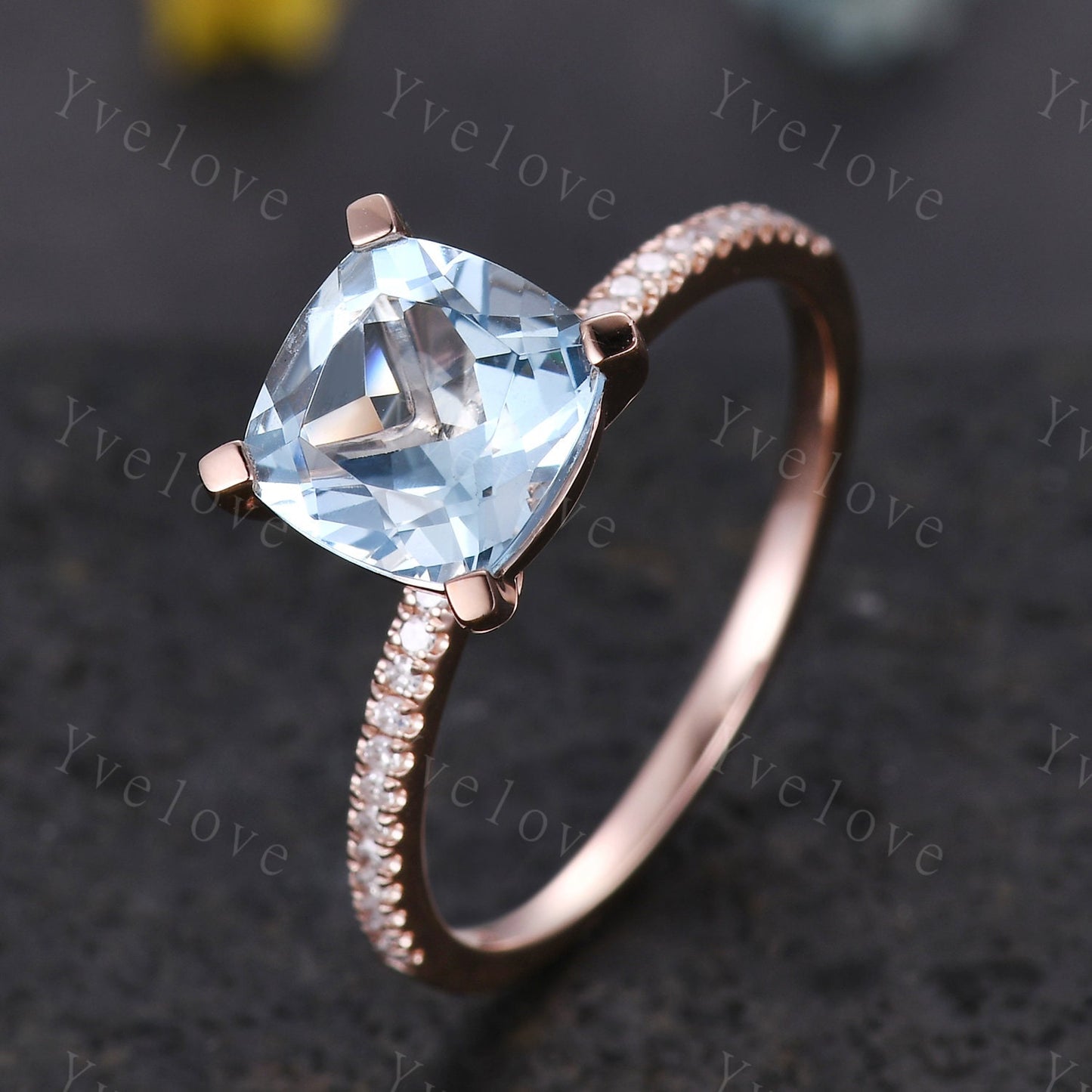 8mm blue aquamarine engagement ring,14k rose gold aquamarine ring diamond band,promise ring,March birthstone ring aquamarine jewelry gifts
