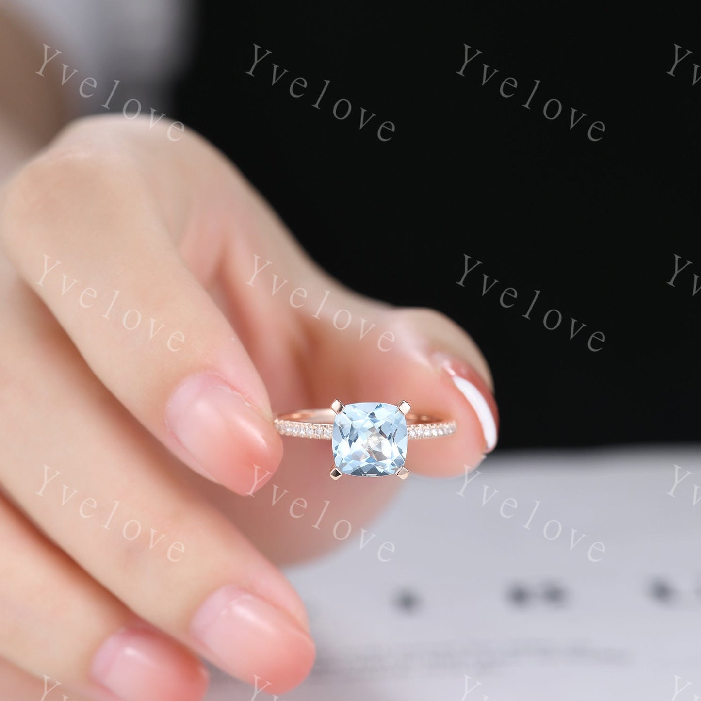 8mm blue aquamarine engagement ring,14k rose gold aquamarine ring diamond band,promise ring,March birthstone ring aquamarine jewelry gifts