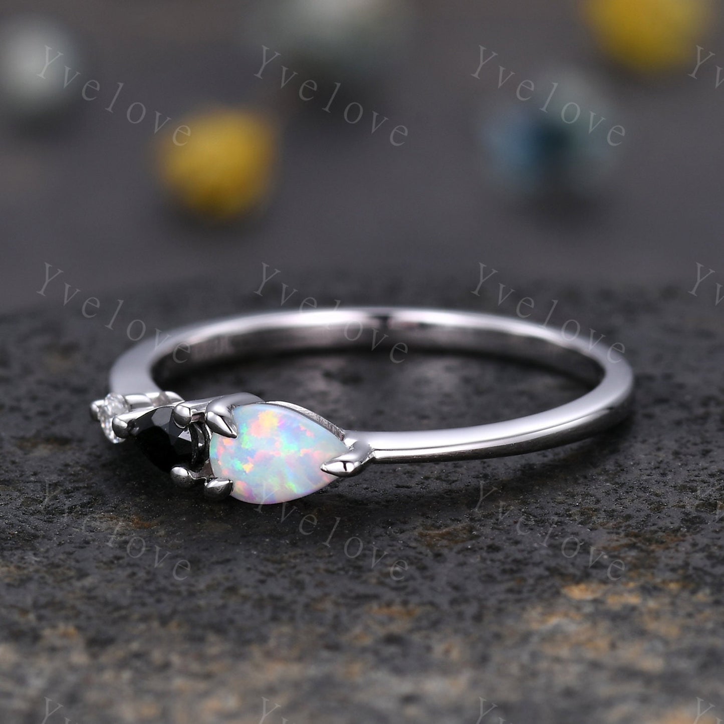 Vintage Opal Black Spinel Engagement Ring,Pear Cut Gems,Art Deco Moissanite Wedding Band,3 Stone Unique Women Bridal Promise Ring Gift