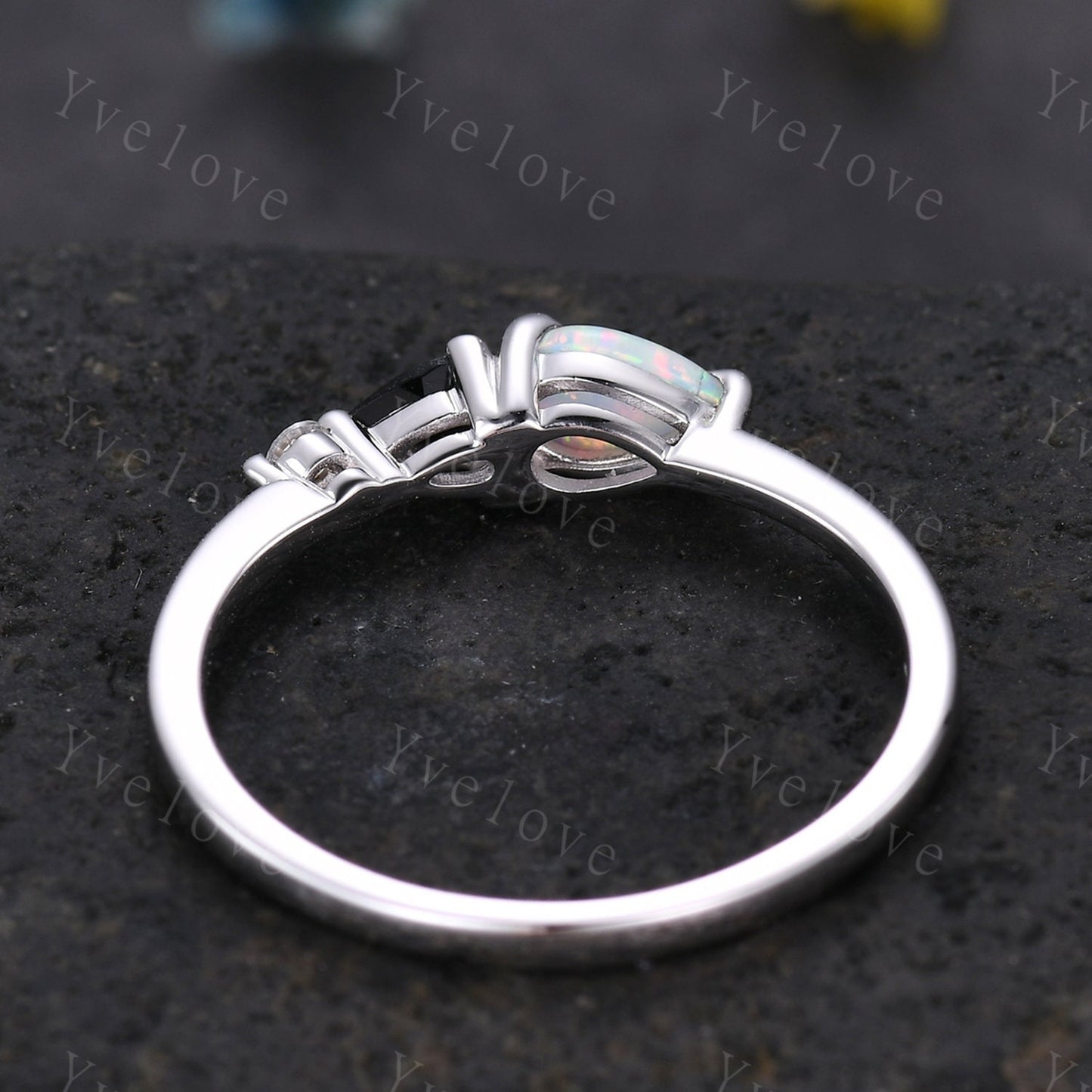 Vintage Opal Black Spinel Engagement Ring,Pear Cut Gems,Art Deco Moissanite Wedding Band,3 Stone Unique Women Bridal Promise Ring Gift