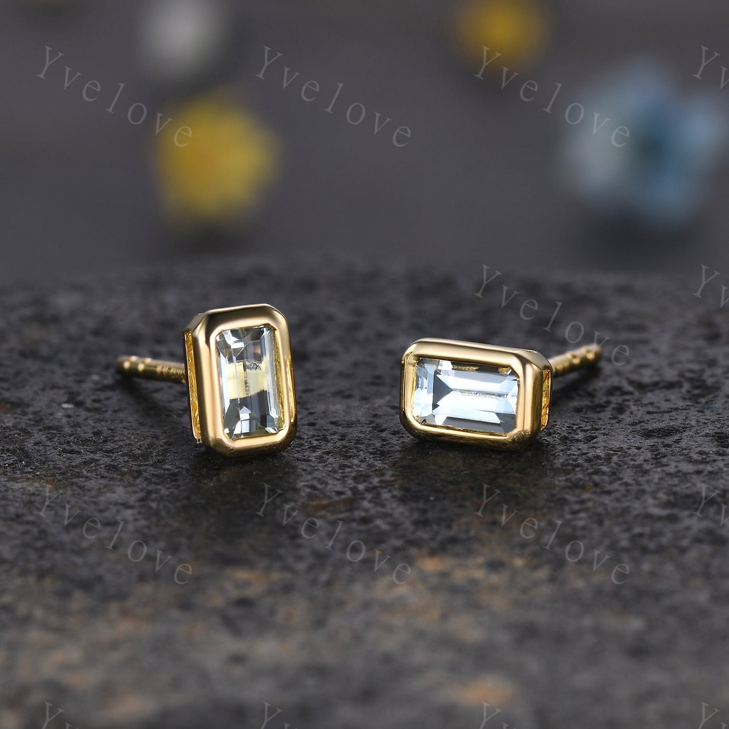 Baguette Aquamarine Earrings,Small Stud Earrings,Aquamarine Jewelry,Gold Stud Earrings,March Birthstone Gift for Her Minimalist Earrings