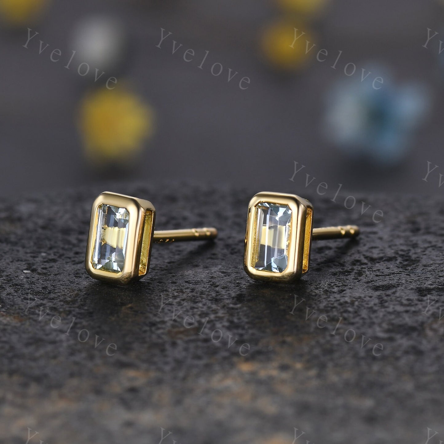Baguette Aquamarine Earrings,Small Stud Earrings,Aquamarine Jewelry,Gold Stud Earrings,March Birthstone Gift for Her Minimalist Earrings