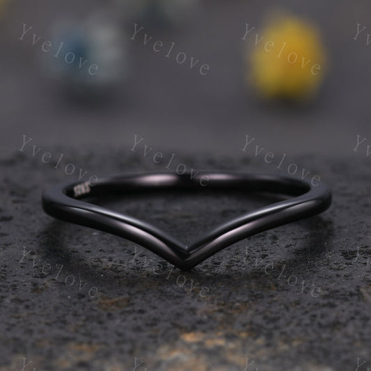 Art Deco 14K Black Gold Curved Wedding Band,Vintage Retro Matching Band,Black Gold Plated Ring,Women Stacking Band Dainty Bridal Ring Gift