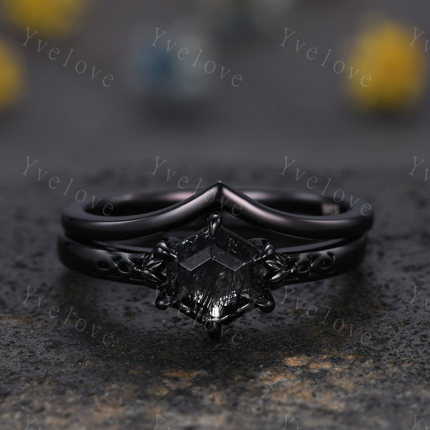 Vintage Black Rutilated Quartz Engagement Ring,Black Gold Ring,Hexagon Cut Bridal Ring,Art Deco Black Quartz Matching Band,Promise Ring Gift