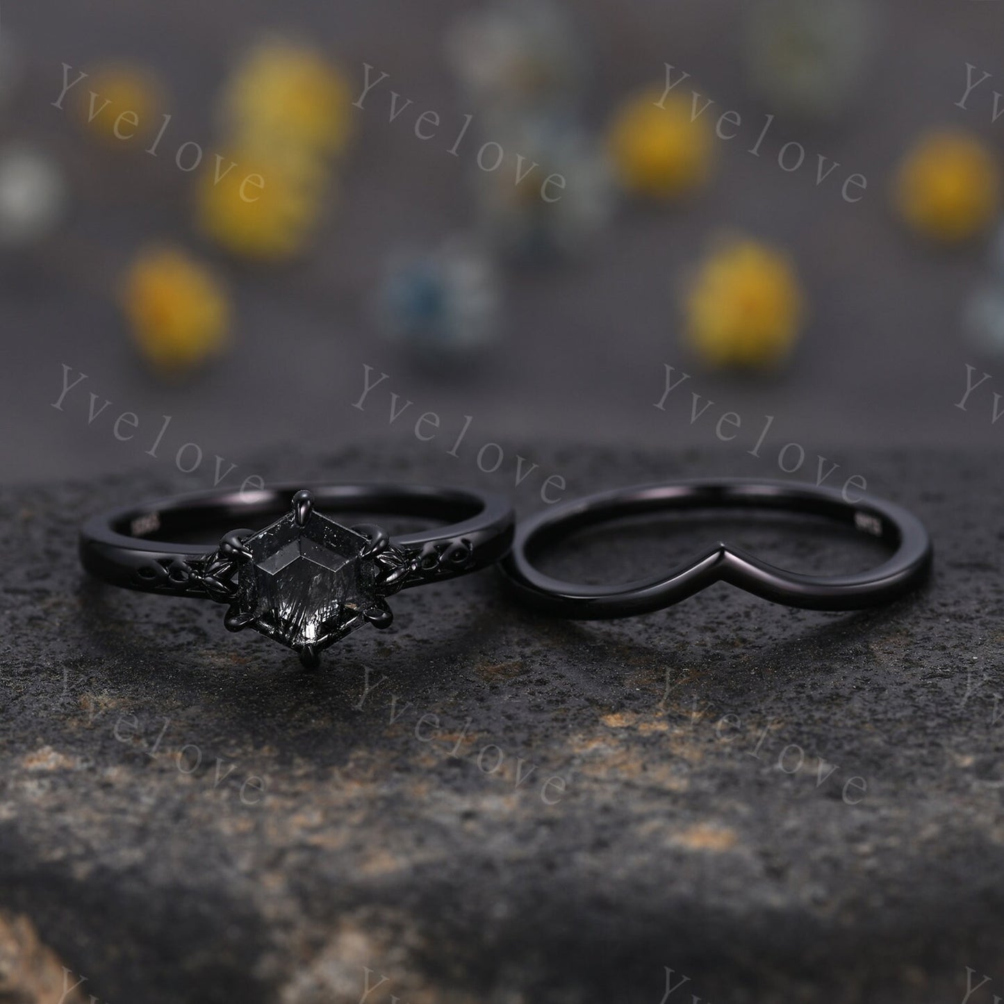 Vintage Black Rutilated Quartz Engagement Ring,Black Gold Ring,Hexagon Cut Bridal Ring,Art Deco Black Quartz Matching Band,Promise Ring Gift