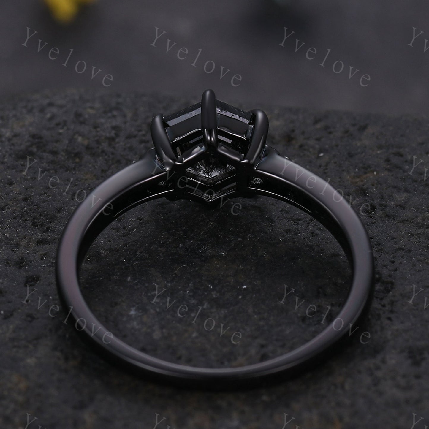 Vintage Black Rutilated Quartz Engagement Ring,Black Gold Ring,Hexagon Cut Bridal Ring,Art Deco Black Quartz Matching Band,Promise Ring Gift