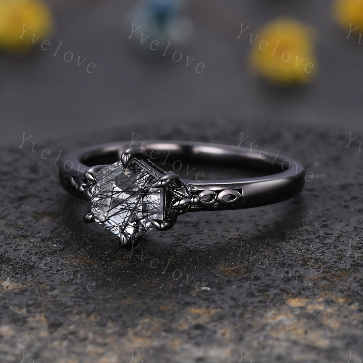 Vintage Black Rutilated Quartz Engagement Ring,Black Gold Ring,Hexagon Cut Bridal Ring,Art Deco Black Quartz Matching Band,Promise Ring Gift