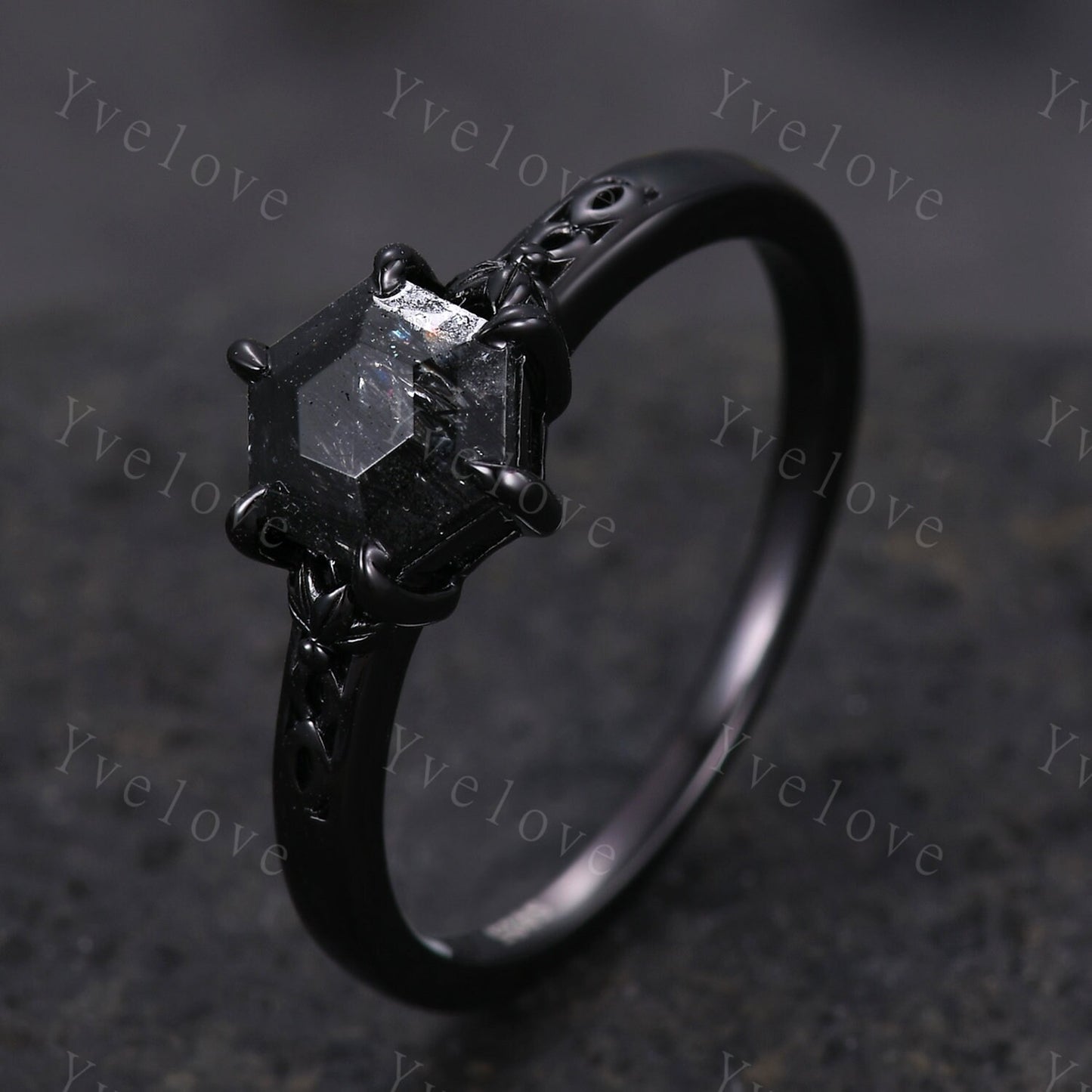 Vintage Black Rutilated Quartz Engagement Ring,Black Gold Ring,Hexagon Cut Bridal Ring,Art Deco Black Quartz Matching Band,Promise Ring Gift