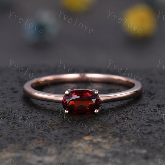Red garnet engagement ring solid 14k rose gold 4x6mm oval cut garnet ring east west band solitaire ring natural garnet January birthday gift