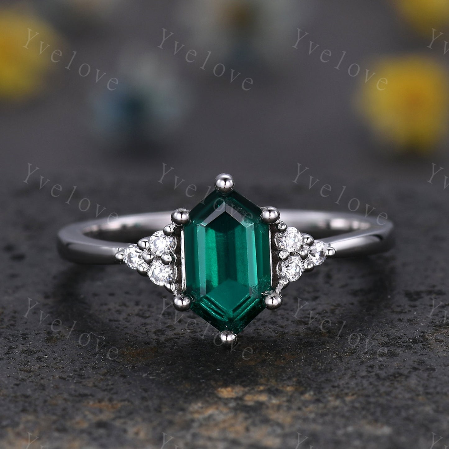 3 Set,Retro hexagon Emerald Ring,Vintage Sterling Silver Ring Set,Unique Emerald Engagement Ring,Promise Ring,Anniversary Ring Gift For Her