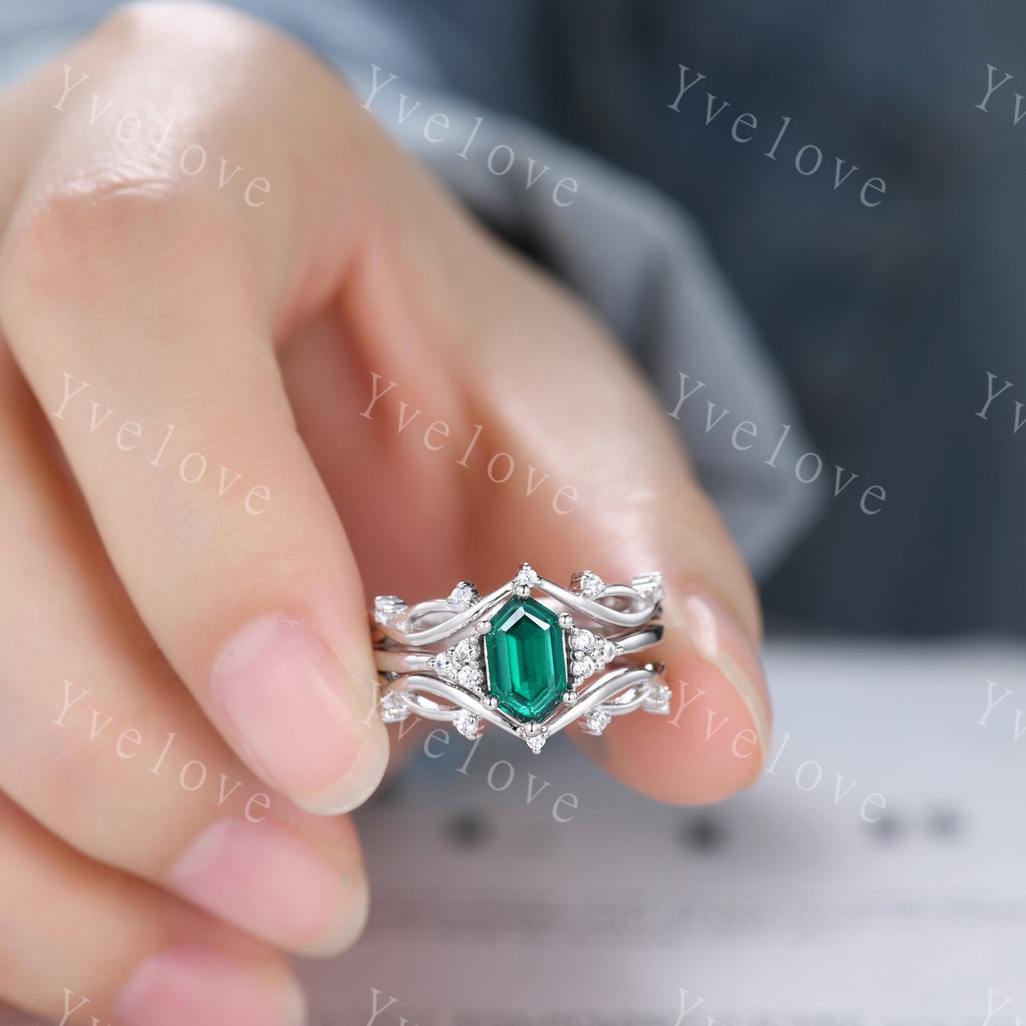 3 Set,Retro hexagon Emerald Ring,Vintage Sterling Silver Ring Set,Unique Emerald Engagement Ring,Promise Ring,Anniversary Ring Gift For Her
