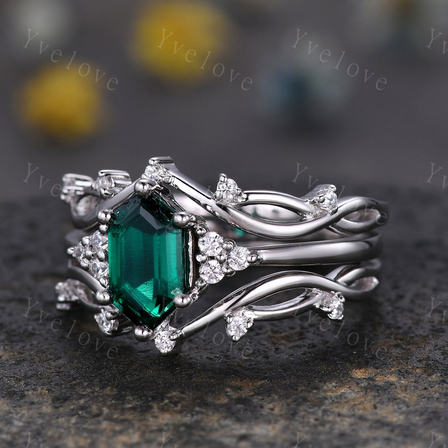 3 Set,Retro hexagon Emerald Ring,Vintage Sterling Silver Ring Set,Unique Emerald Engagement Ring,Promise Ring,Anniversary Ring Gift For Her