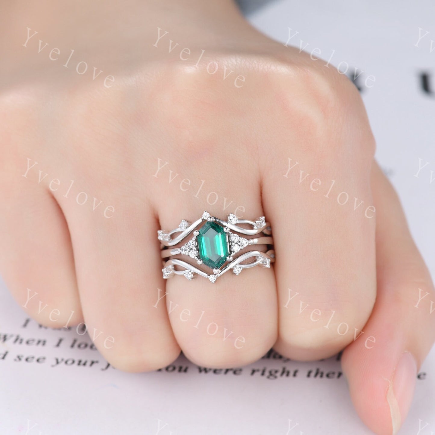 3 Set,Retro hexagon Emerald Ring,Vintage Sterling Silver Ring Set,Unique Emerald Engagement Ring,Promise Ring,Anniversary Ring Gift For Her