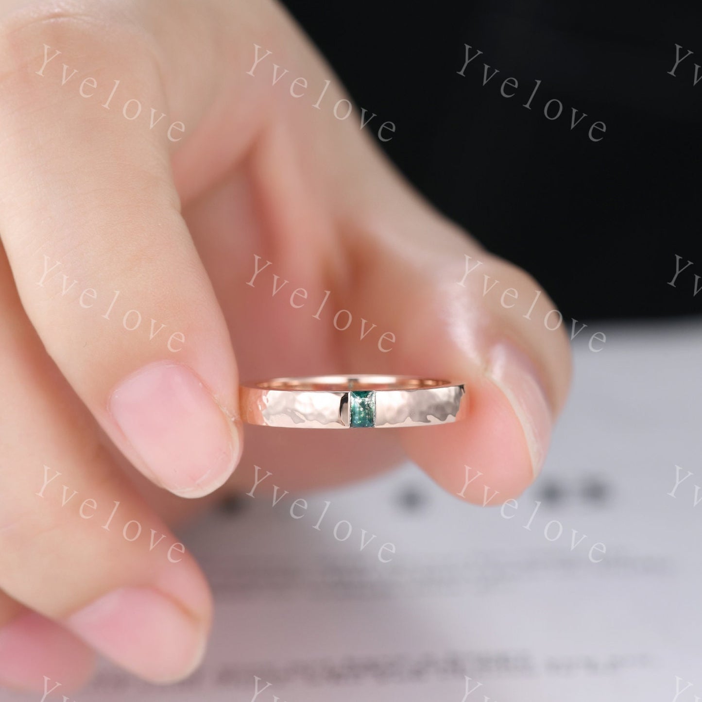 3mm Mens Moss agate Wedding Band Baguette Cut Natural Agate Band 14k Gold Ring Men Hammered Stacking Matching Band Retro Vintage Ring Gift