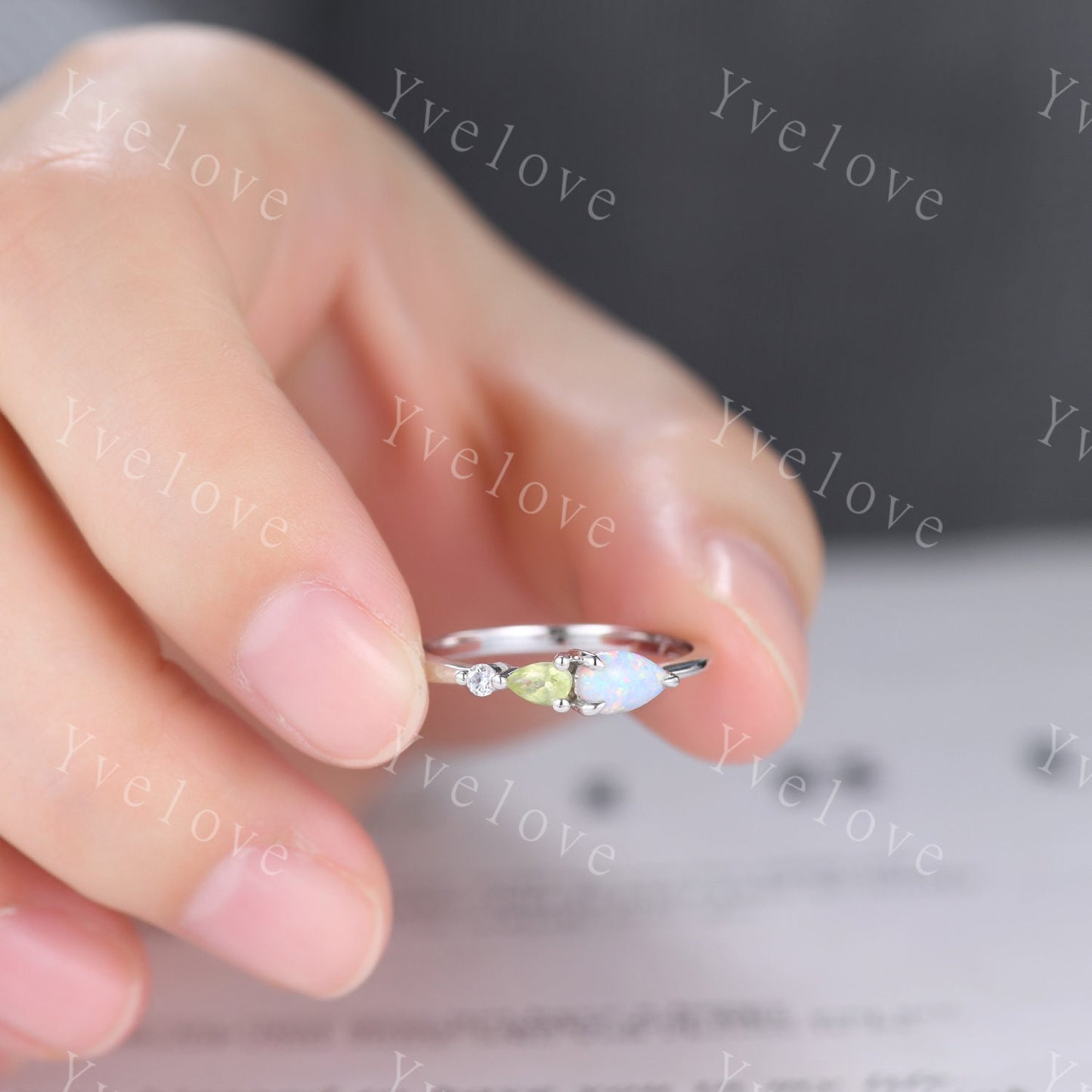 Vintage Opal Peridot Engagement Ring,Pear Cut Gems,Art Deco Moissanite Wedding Band,3 Stone Unique Women Bridal Promise Ring,Birthday Gift