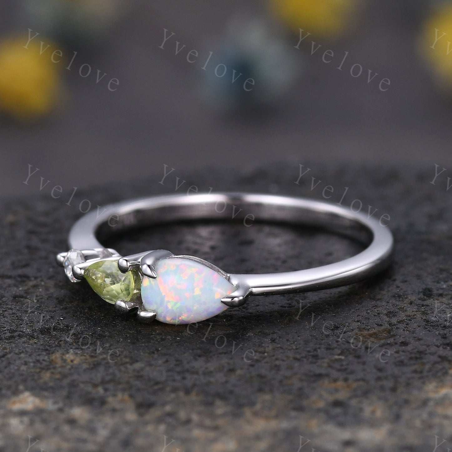 Vintage Opal Peridot Engagement Ring,Pear Cut Gems,Art Deco Moissanite Wedding Band,3 Stone Unique Women Bridal Promise Ring,Birthday Gift