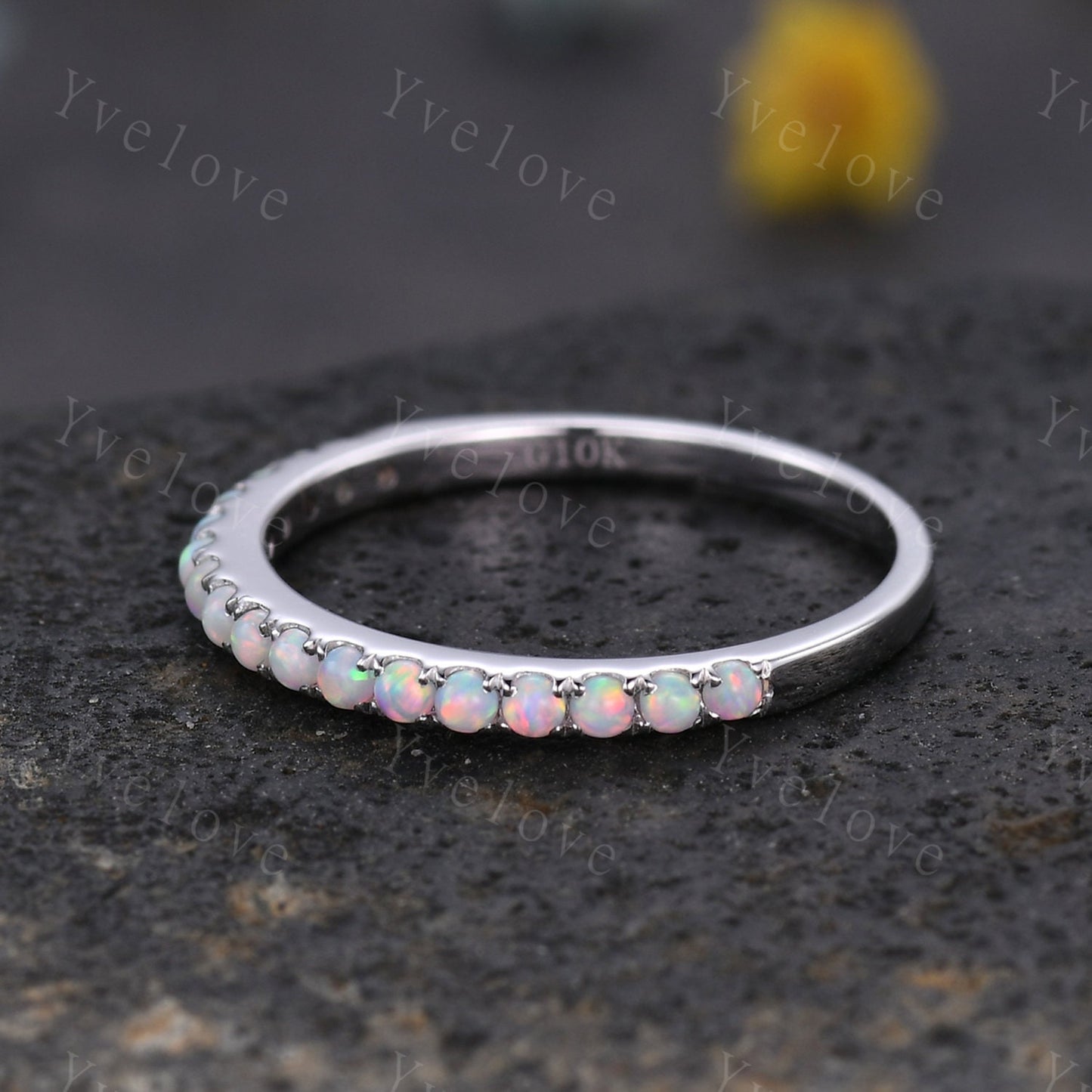 1.5mm Opal Ring,Opal Wedding Band,14K White Gold,Half Eternity Band,Stacking Ring,Matching Band,Promise Ring,Anniversary Gift for Women