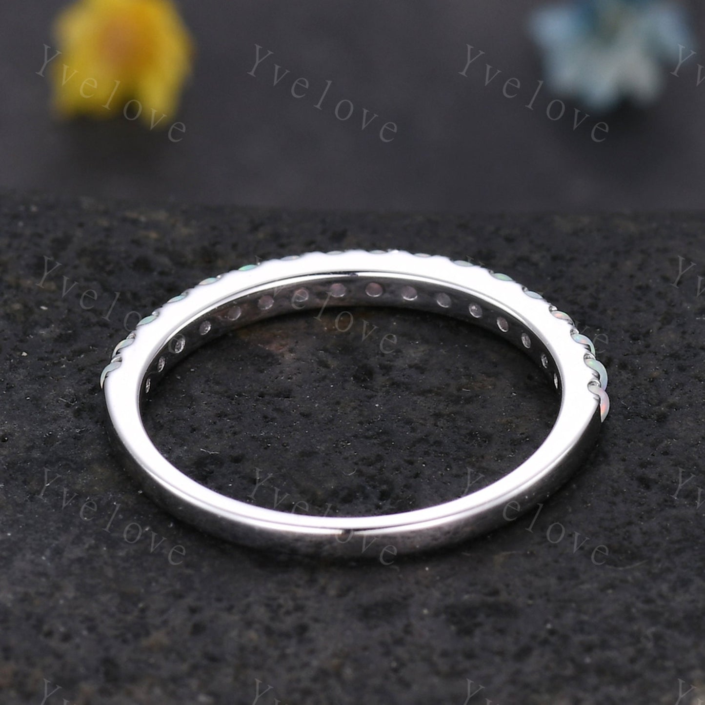 1.5mm Opal Ring,Opal Wedding Band,14K White Gold,Half Eternity Band,Stacking Ring,Matching Band,Promise Ring,Anniversary Gift for Women