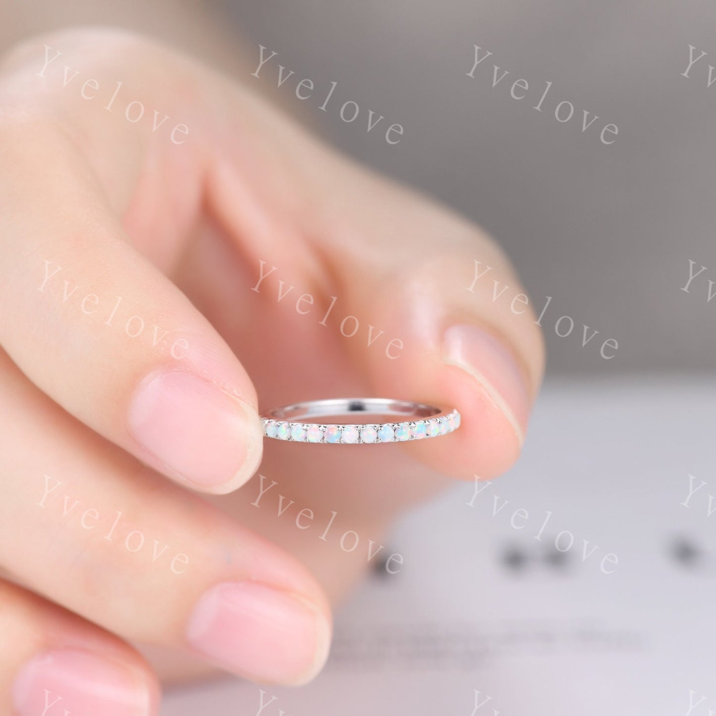 1.5mm Opal Ring,Opal Wedding Band,14K White Gold,Half Eternity Band,Stacking Ring,Matching Band,Promise Ring,Anniversary Gift for Women