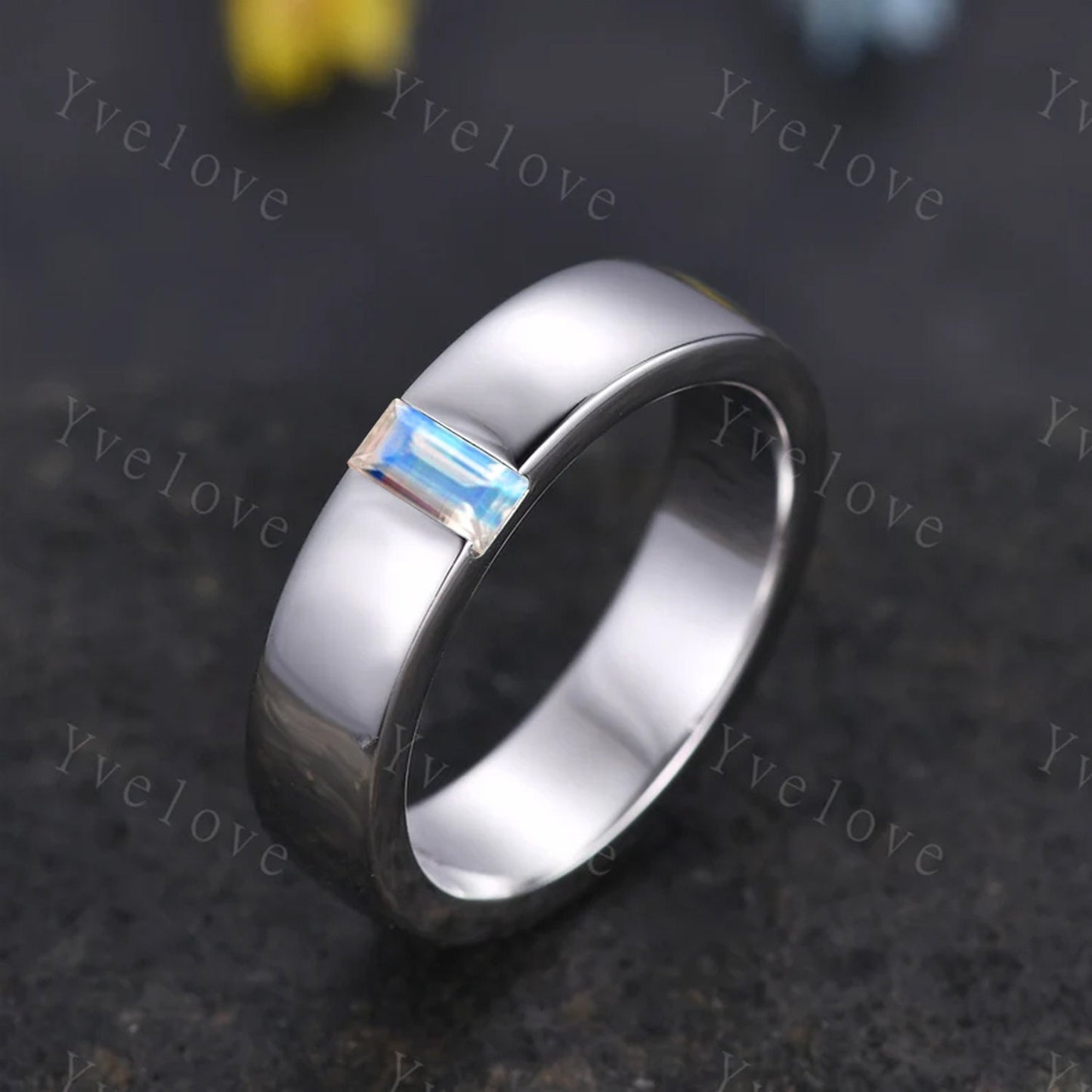 Mens Moonstone Wedding Band Baguette Cut Band 5mm Solid Gold Ring Mens Smooth Band Solitaire Stacking Matching Band Retro Vintage Ring Gift