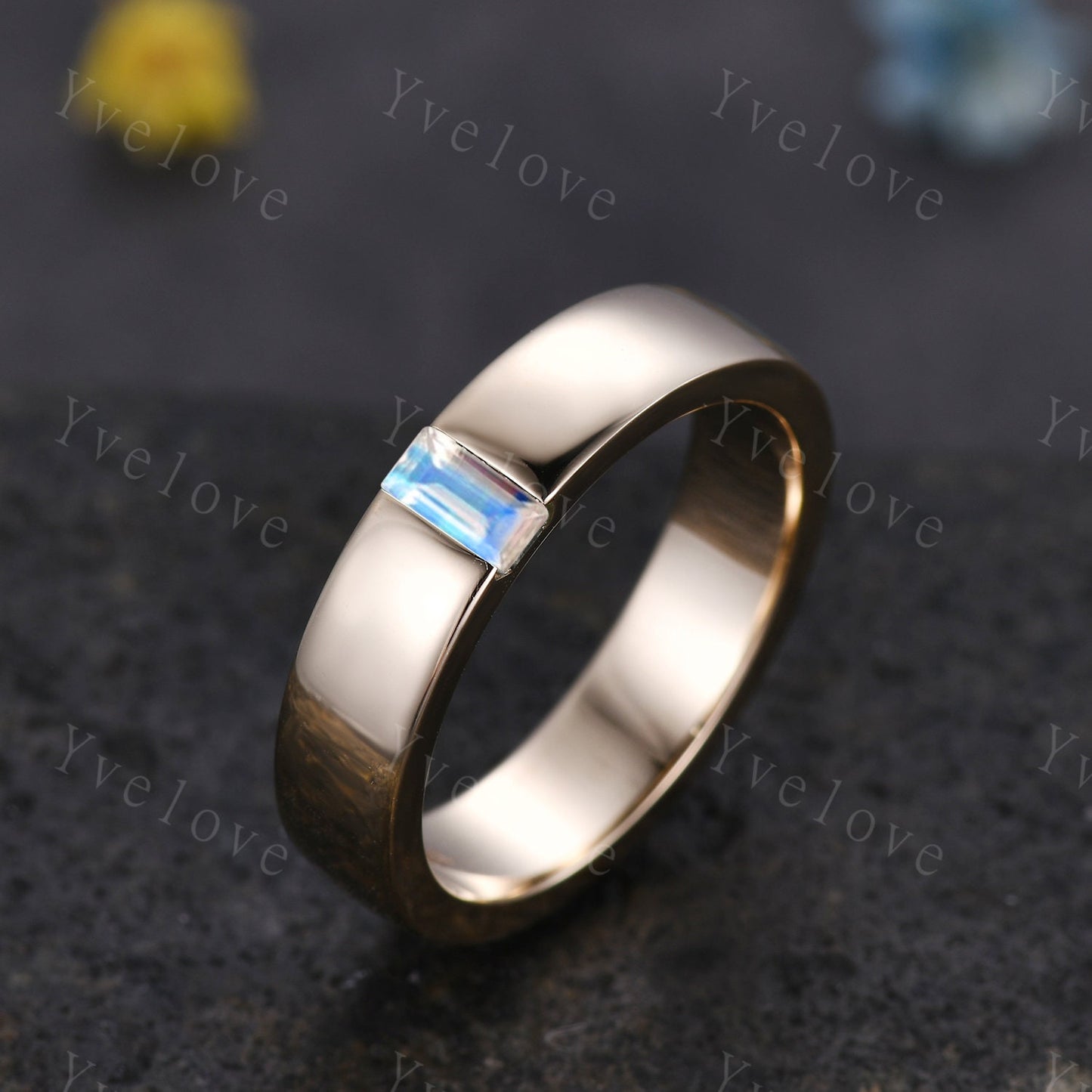 Mens Moonstone Wedding Band Baguette Cut Band 5mm Solid Gold Ring Mens Smooth Band Solitaire Stacking Matching Band Retro Vintage Ring Gift