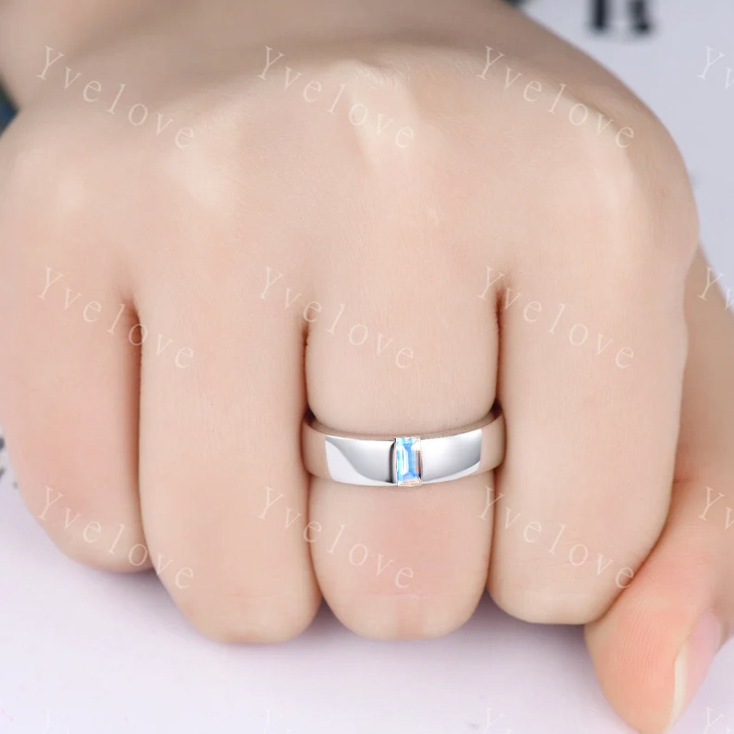Mens Moonstone Wedding Band Baguette Cut Band 5mm Solid Gold Ring Mens Smooth Band Solitaire Stacking Matching Band Retro Vintage Ring Gift