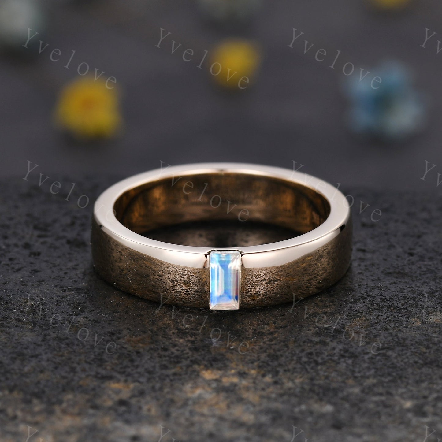 Mens Moonstone Wedding Band Baguette Cut Band 5mm Solid Gold Ring Mens Smooth Band Solitaire Stacking Matching Band Retro Vintage Ring Gift