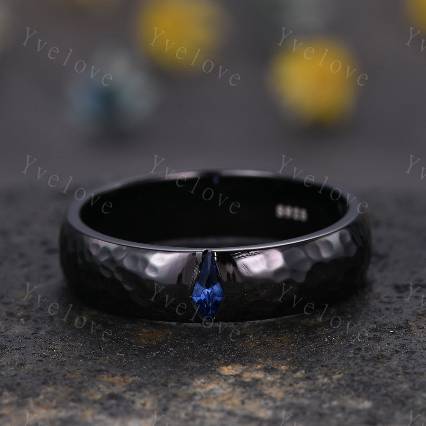Mens Kite Blue Sapphire Wedding Band Retro Black Gold Ring Mens Hammered Stackable Matching Ring Birthstone Ring Vintage Ring Gift For Him
