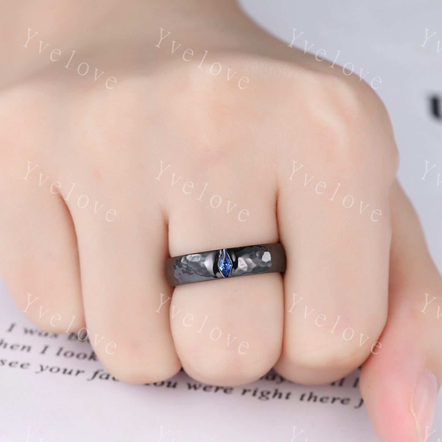 Mens Kite Blue Sapphire Wedding Band Retro Black Gold Ring Mens Hammered Stackable Matching Ring Birthstone Ring Vintage Ring Gift For Him
