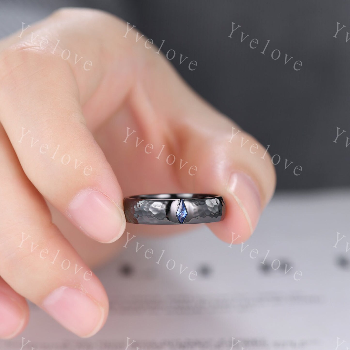 Mens Kite Blue Sapphire Wedding Band Retro Black Gold Ring Mens Hammered Stackable Matching Ring Birthstone Ring Vintage Ring Gift For Him