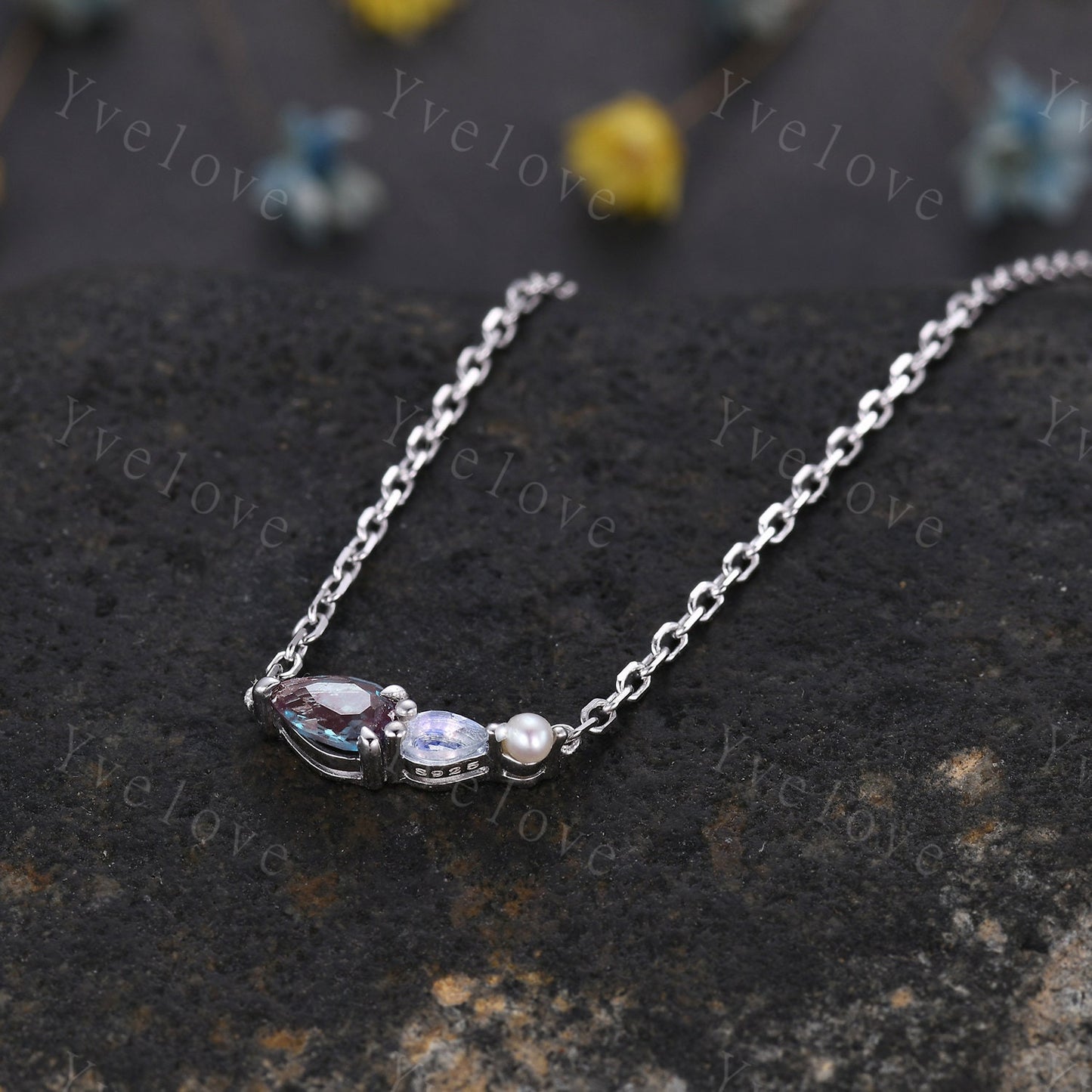 Unique Alexandrite Moonstone Necklace,Pear Cut Gems,Art Deco Pearl Delicate Dainty layer Necklace,3 Stone Unique Women Bridal Gift,Silver